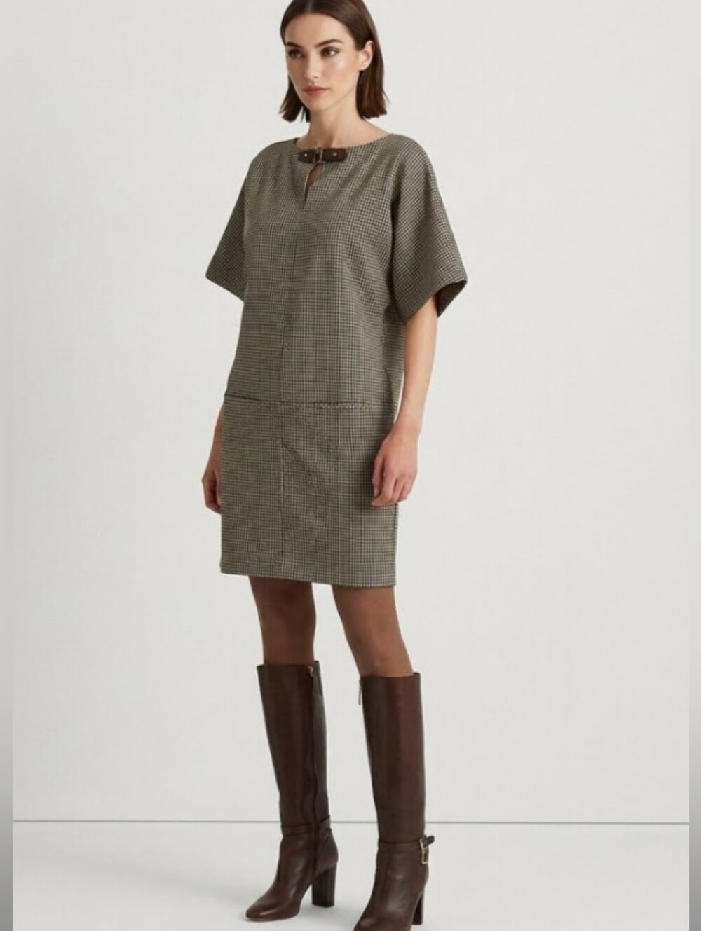 Lauren Ralph Lauren Buckle-Trim Houndstooth Jacquard Shift Dress